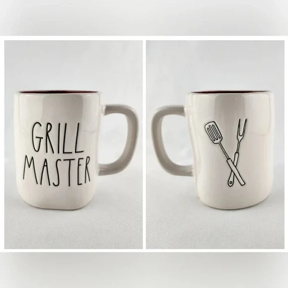 Rae Dunn White Ceramic Double Sided Mug Large Letters GRILL MASTER Red Interior - Picture 4 of 10